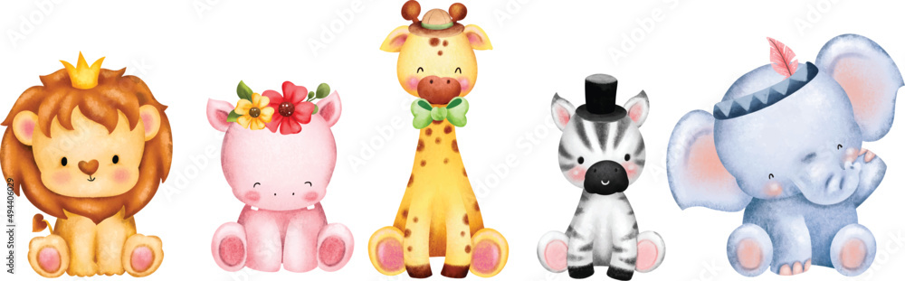 Watercolor set of Safari animals Stock Vector | Adobe Stock
