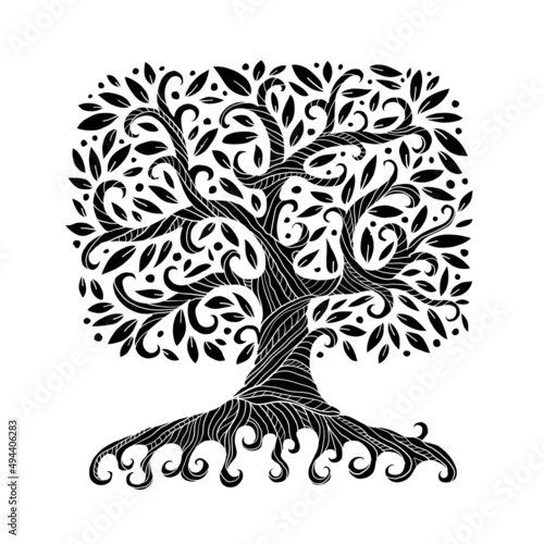 Old big family tree with roots. Isolated on white background. Concept Art for your design. Black and White colors. Design interior ideas