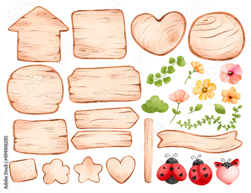 Watercolor set of Wooden signs and floral elements 