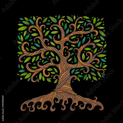 Old big family tree with roots. Isolated on black background. Concept Art for your design. Design interior ideas.