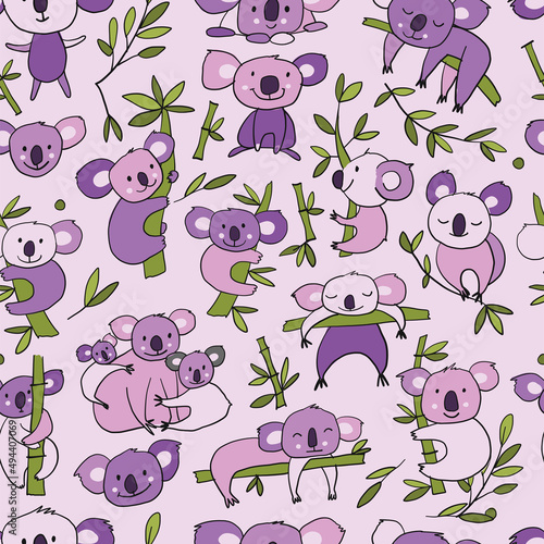 Cute Koalas and bamboo trees. Bears Family with mother and children. Art in l...