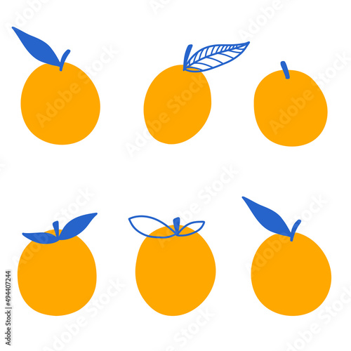 Set of orange fruits with leaf in cartoon flat style. Vector doodle illustration