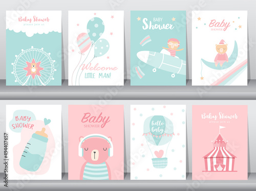 Set of baby shower invitation cards,happy birthday,poster,template,greeting,cute,animal,Vector illustrations.