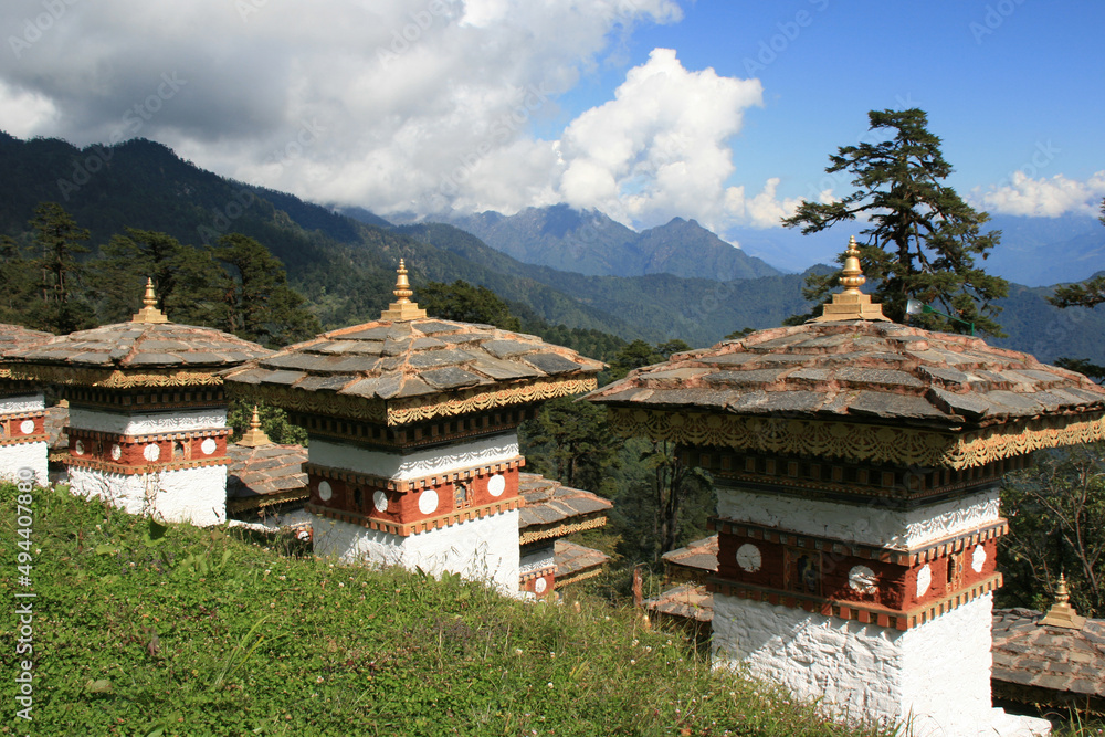 buddhist monument (druk wangyal chortens) at dochula pass in bhutan