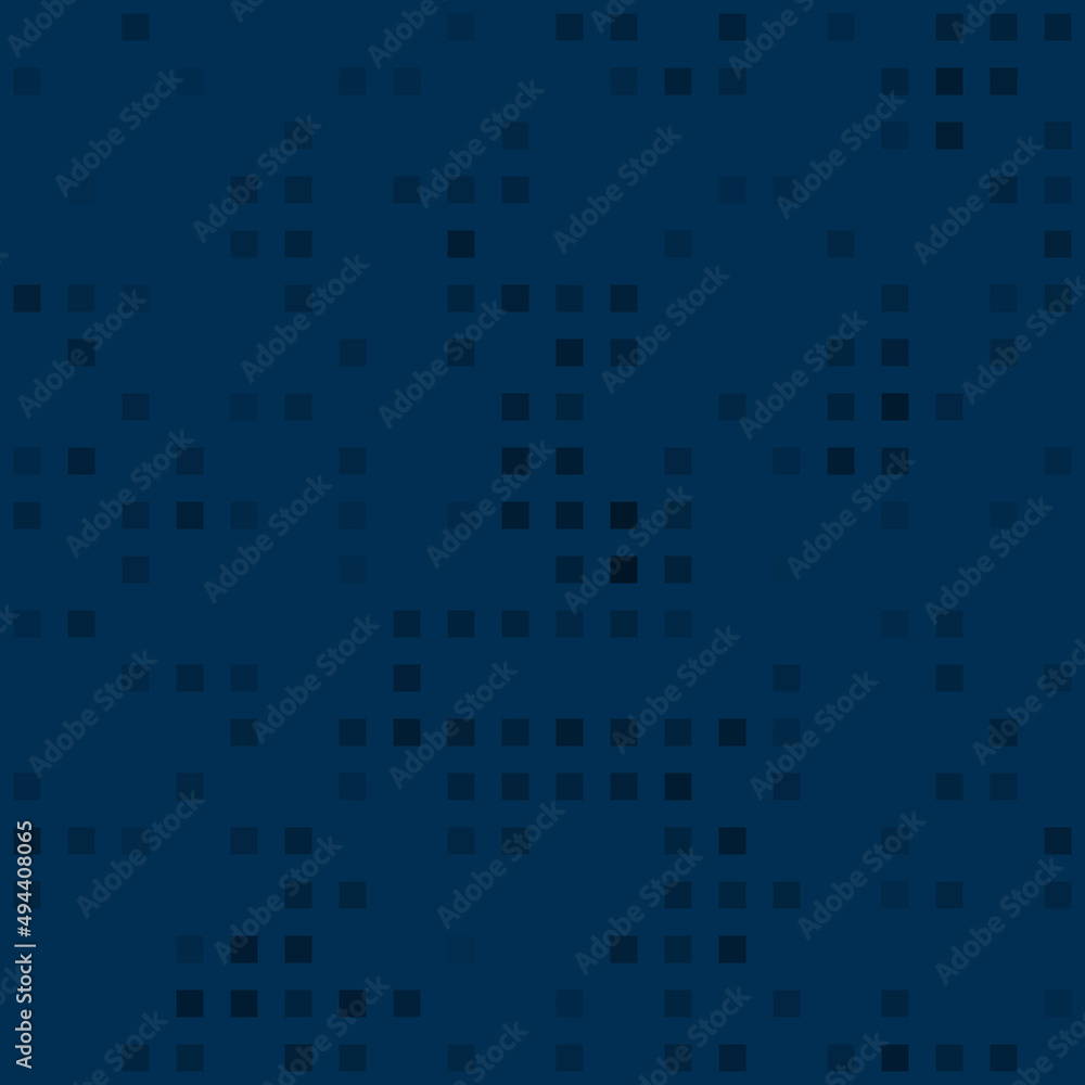 Abstract seamless geometric pattern. Mosaic background of black squares. Evenly spaced  shapes of different color. Vector illustration on dark blue background