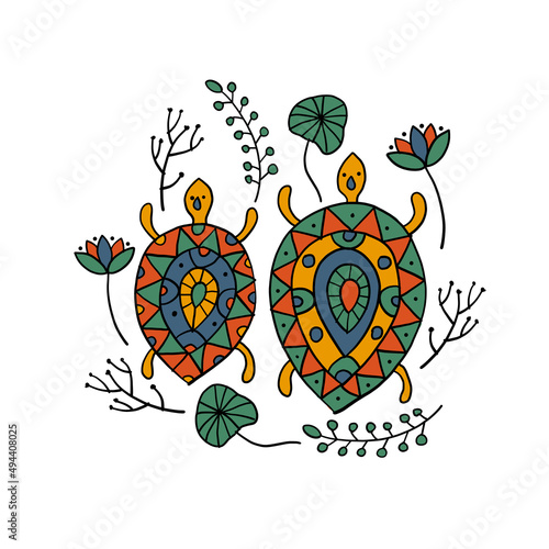 Cute Turtle family in ethnic ornament style. Couple of Tortoise with floral d...