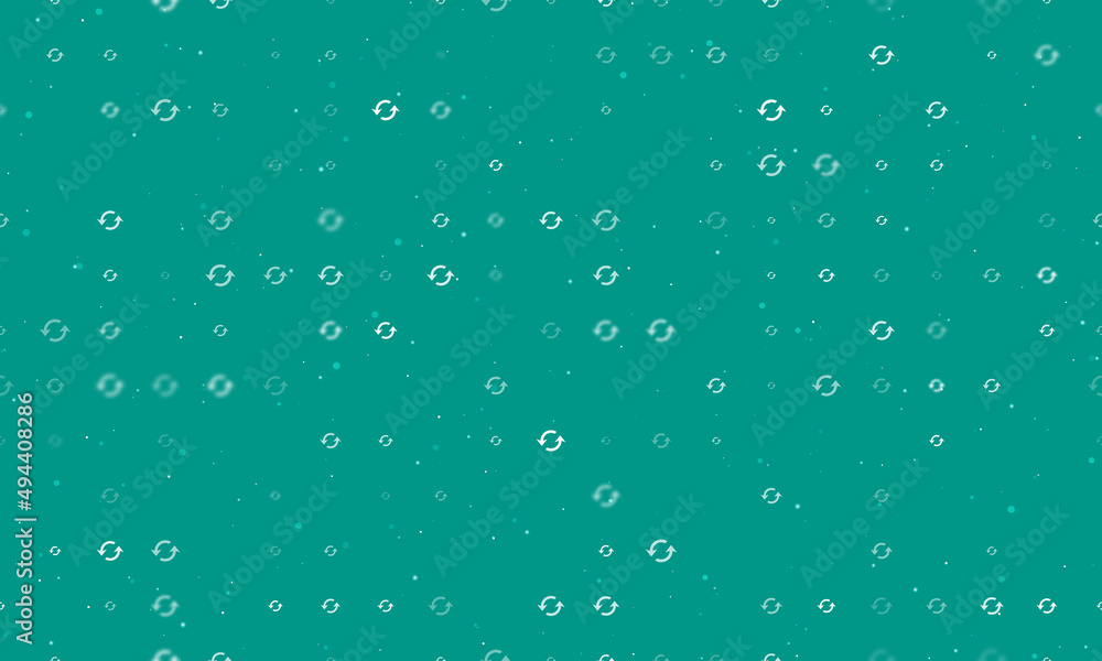 Seamless background pattern of evenly spaced white refresh symbols of different sizes and opacity. Vector illustration on teal background with stars