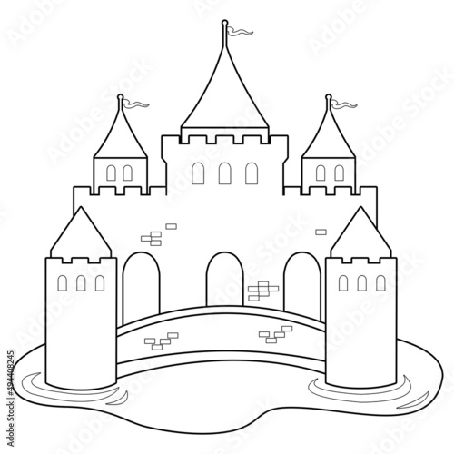 Fairy tale castle. Vector black and white coloring page