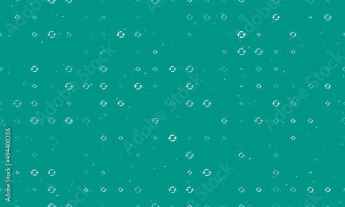 Seamless background pattern of evenly spaced white refresh symbols of different sizes and opacity. Vector illustration on teal background with stars