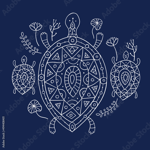 Cute Turtle family in ethnic ornament style. Tortoise with chidren. Floral decor background. Art isolated on blue
