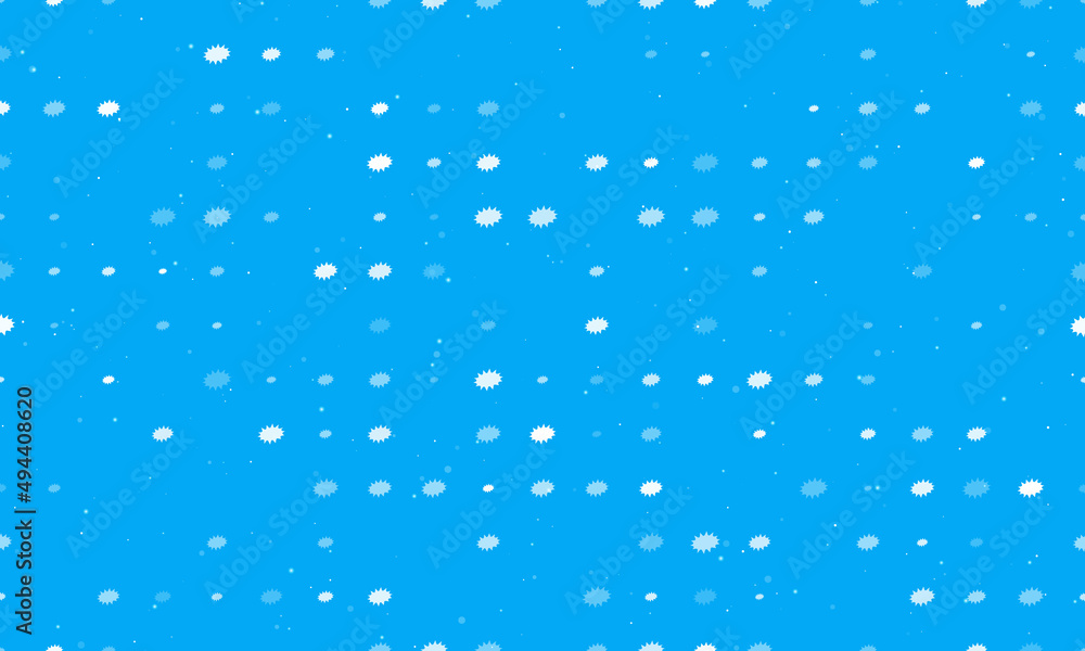 Seamless background pattern of evenly spaced white explosion symbols of different sizes and opacity. Vector illustration on light blue background with stars