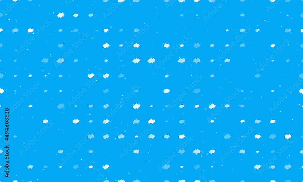 Seamless background pattern of evenly spaced white explosion symbols of different sizes and opacity. Vector illustration on light blue background with stars Seamless background pattern of evenly spaced white explosion symbols of different sizes and opacity. Vector illustration on light blue background with stars
