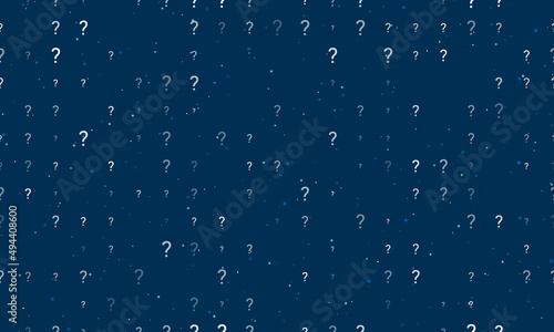 Seamless background pattern of evenly spaced white question symbols of different sizes and opacity. Vector illustration on dark blue background with stars