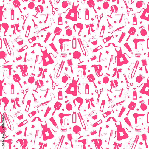 Seamless pattern on the theme of the Barber shop, the tools and accessories of the hairdresser, a simple contour icons, pink silhouettes icons on a white background 