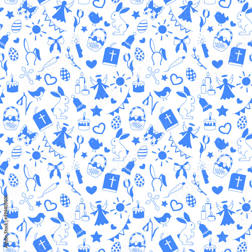 Seamless pattern with simple contour icons on a theme the holiday of Easter   blue silhouettes icons on a white background 