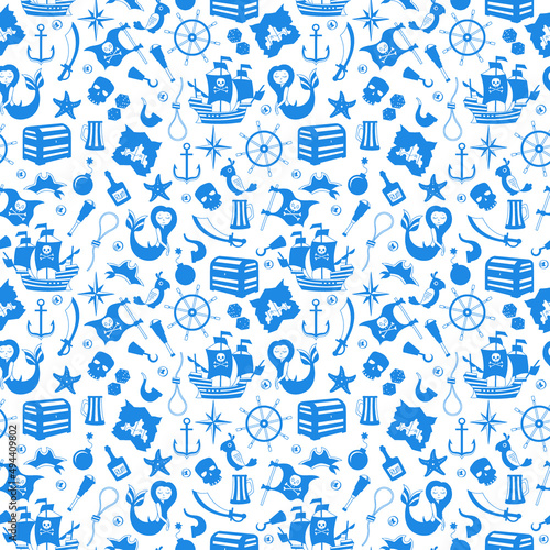 Seamless illustration of the topic of piracy and Maritime travel ,blue silhouettes icons on a white background 