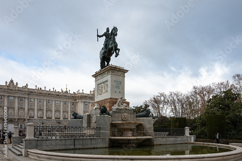 Metal sculpture of a horse and knight in the Royal Palace of Madrid photo