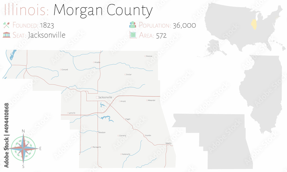 Large and detailed map of Morgan county in Illinois, USA.