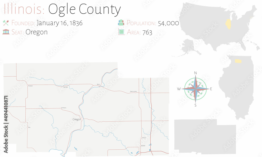 Large and detailed map of Ogle county in Illinois, USA.