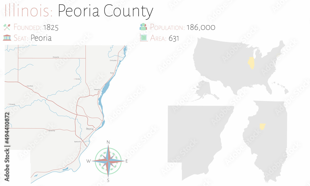 Large and detailed map of Peoria county in Illinois, USA.