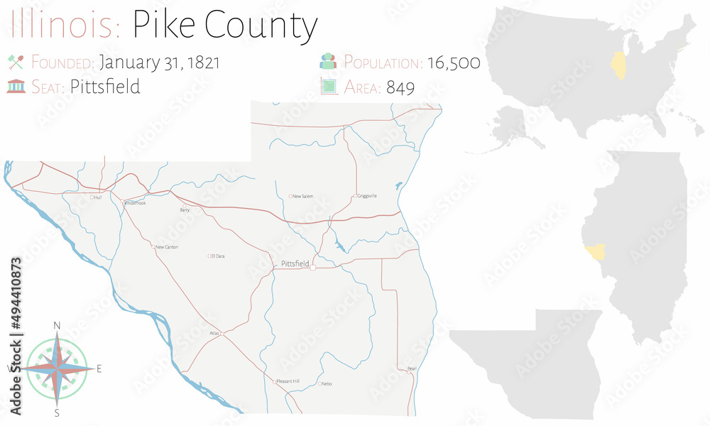 Obraz premium Large and detailed map of Pike county in Illinois, USA.