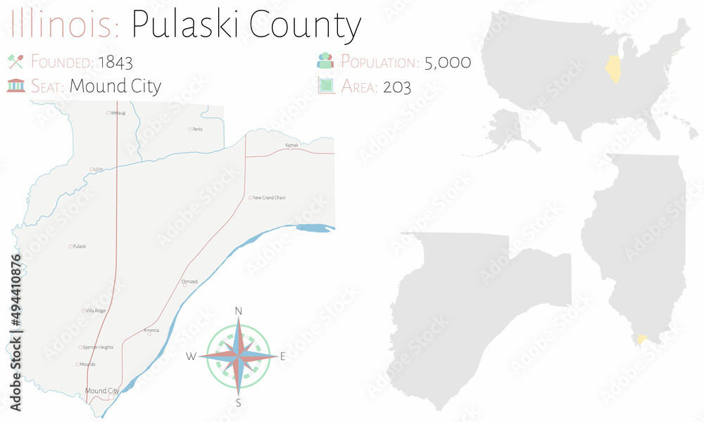 Large and detailed map of Pulaski county in Illinois, USA.