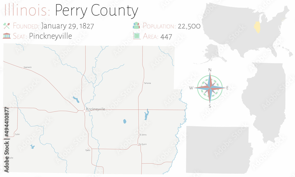 Large and detailed map of Perry county in Illinois, USA.