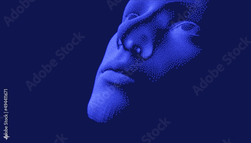 Network forming AI human face. Technology and robotics concept. Anonymous social masking. Cyber crime and cyber security vector illustration.