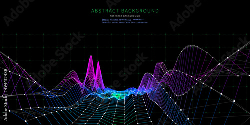 Abstract  background with wireframe technology color grid on dark.  Visual  presentation of analysis research. Computing concept. Banner for business, science and technology. Big Data.
