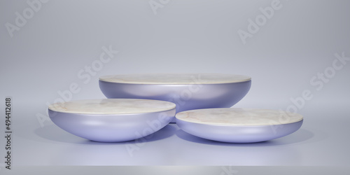 Shiny purple color with white marble round pedestal or podium. Blank display or for showing product. Copy space. Minimalist violet mockup for podium display or showcase. 3D rendering.
