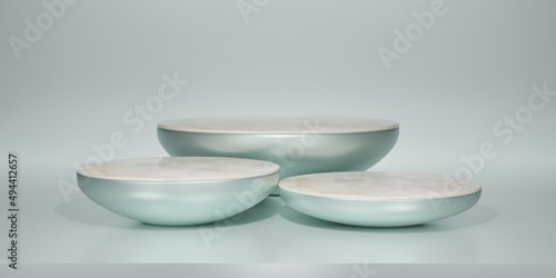 Shiny Opal Blue with white marble round pedestal or podium. Blank display or for showing product. Copy space. Minimalist light blue mockup for podium display or showcase. 3D rendering.