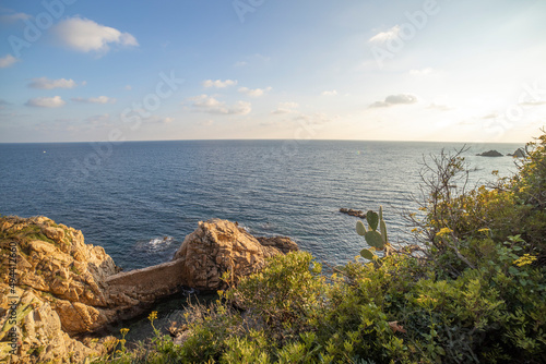 Scenic sea view on a sunny day. Bright greenery and azure sea. Mediterranean Sea, Costa Brava, Spain. © Sergei