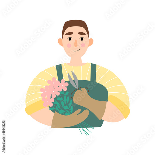 Florist with a bouquet of flowers and scissors. The concept of small business. Working in a flower shop.