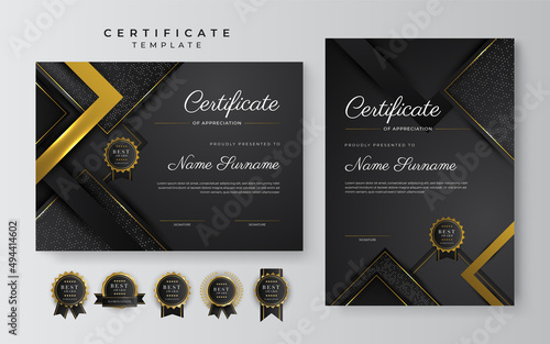 Black and gold certificate of achievement template with gold badge and border