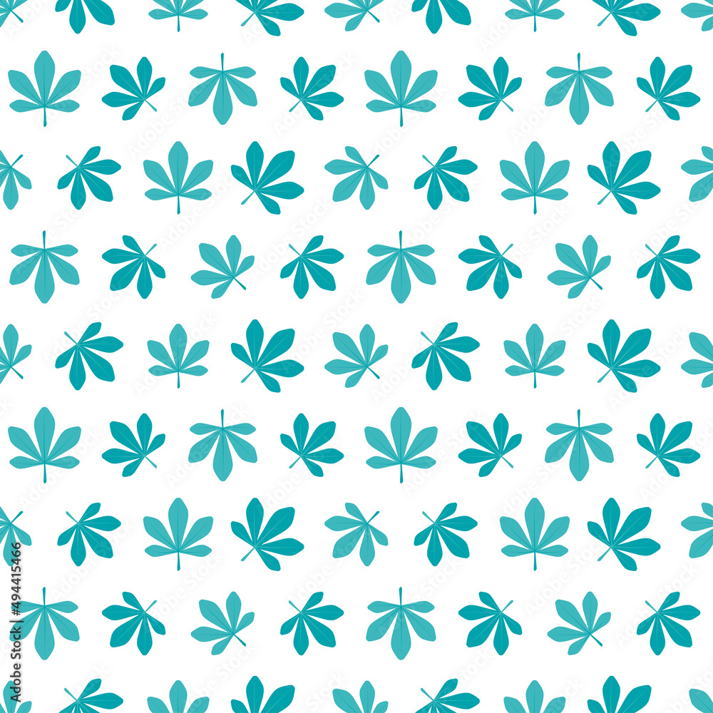 White seamless pattern with blue leaves.