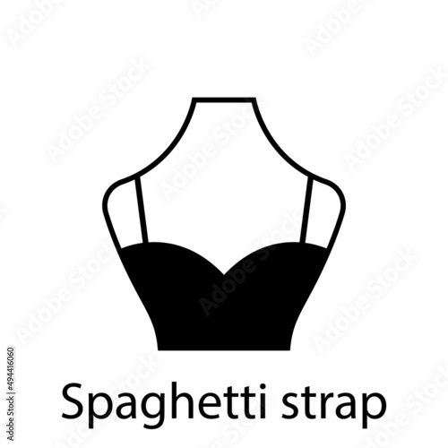 Spaghetti strap of Fashion Neckline Type for Women Blouse, Dress Silhouette Icon. Black T-Shirt, Crop Top on Dummy. Trendy Ladies Spaghetti strap Type of Neckline. Isolated Vector Illustration