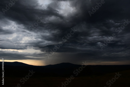 Black clouds and raining view in Mountains of Evros in Greece