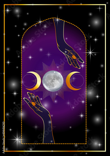 Mystic Hands of triple moon Goddess blessing a magic ritual 