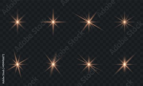 Bronze Flare Sparkle Star on Transparent Background. Gold Light Beam Shine Effect. Bokeh Glare Shiny Sparkle. Bronze Burst Illuminated Flare. Gleam Glitter Festive Set. Isolated Vector Illustration