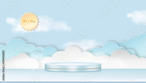 Baby shower greeting card for little boy on sky with fluffy background, Vector Cute backdrop for newborn with sun shining on blue background and 3D Cylinder podium with copy space for baby's photos