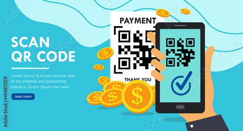 Scan QR code with smartphone. landing page with money and phone in hand.