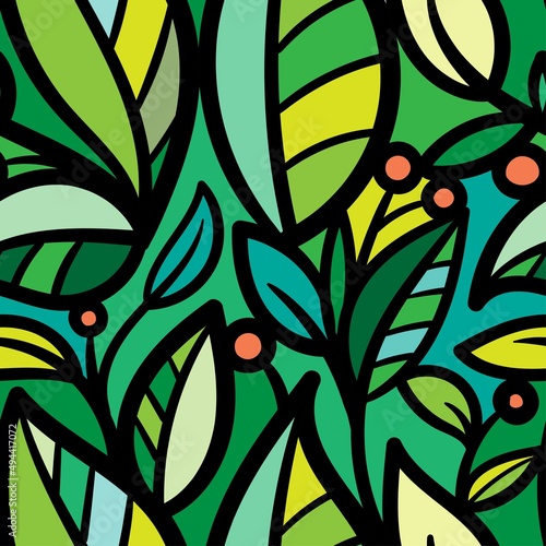 Seamless pattern with different leaves on green background. Vector print with plants.