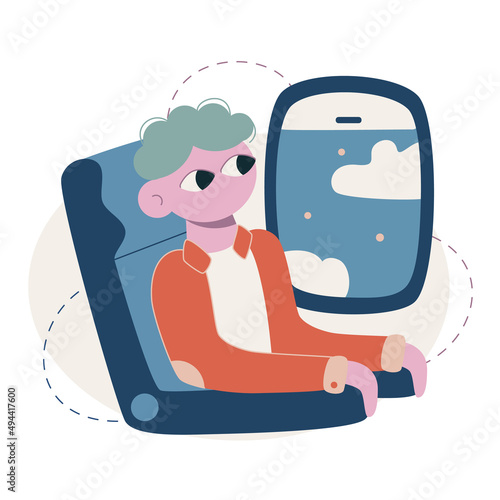 Vector flat cartoon illustration. Young man sits in an airplane at the porthole and looks out the window at the clouds.