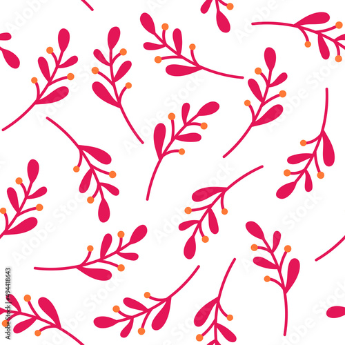 White seamless pattern with pink plant leaves.