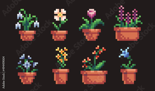 Flowerpot pixel art set. Home plants in ceramic vase collection.  8-bit sprite. Game development, mobile app.  Isolated vector illustration.