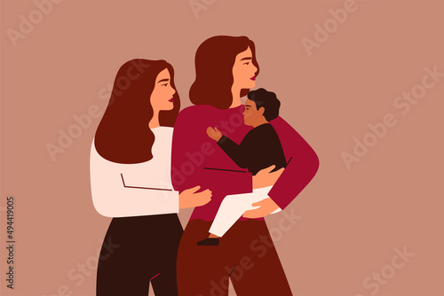 Young mother with her two children stand together. Woman cares and protects her teenager daughter and baby son. Motherhood and family concept. Vector illustration