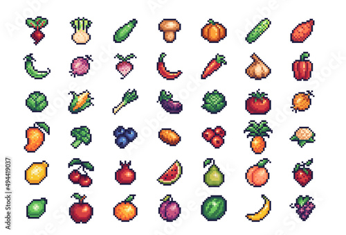 Vegetables and fruits pixel art set. Different garden plants collection. 8-bit sprite. Game development, mobile app.  Isolated vector illustration.