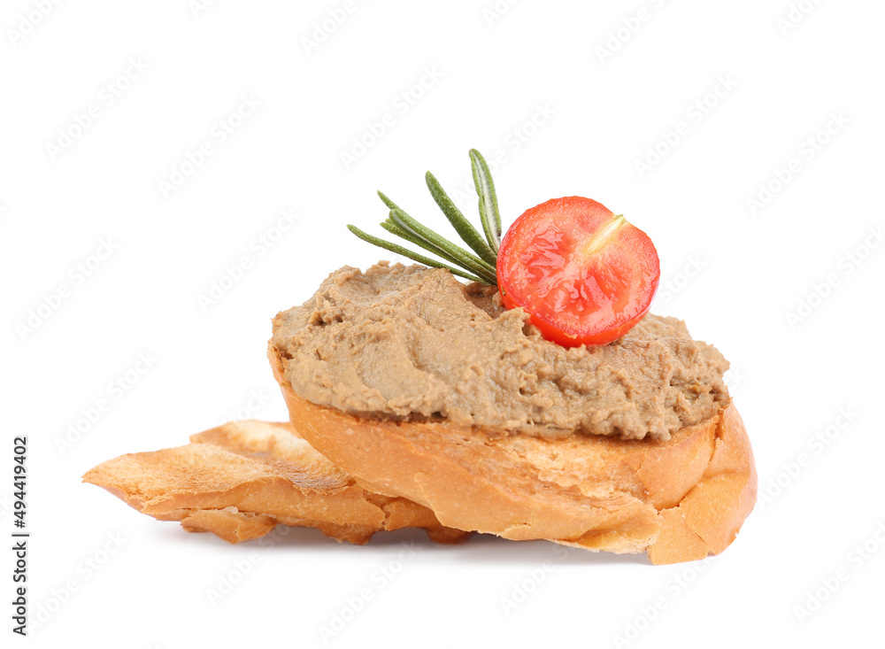 Fresh bread with delicious liver pate, rosemary and tomato on white background Fresh bread with delicious liver pate, rosemary and tomato on white background