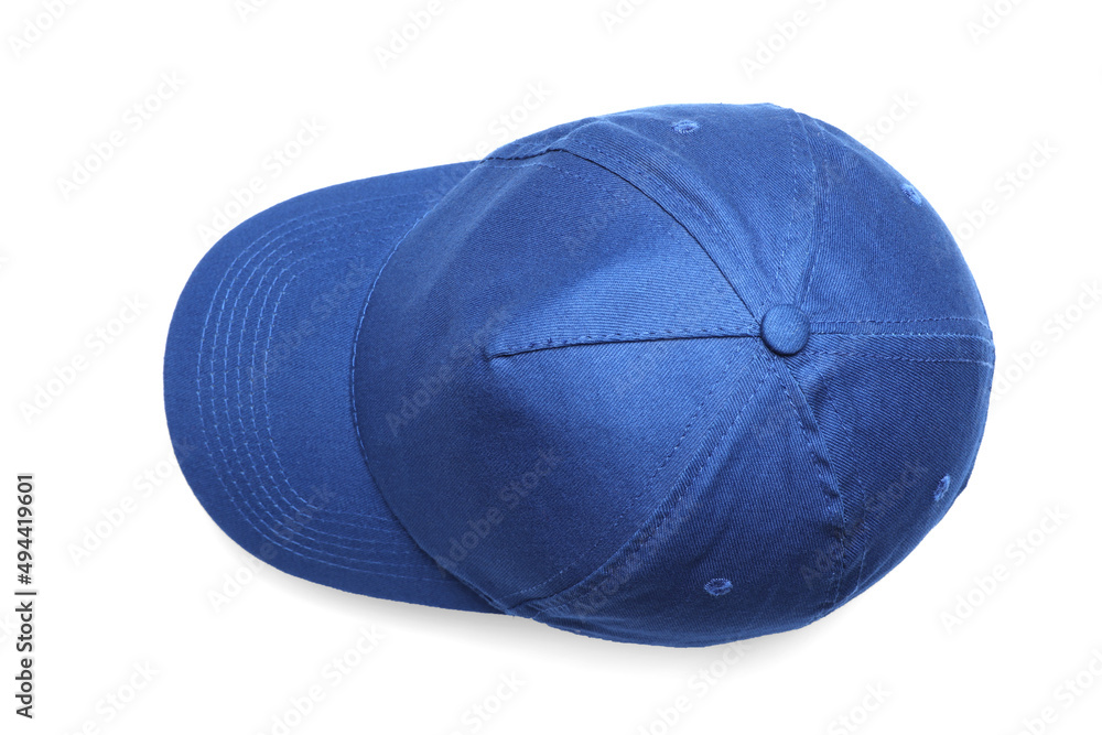 Stylish blue baseball cap on white background, top view Stylish blue baseball cap on white background, top view