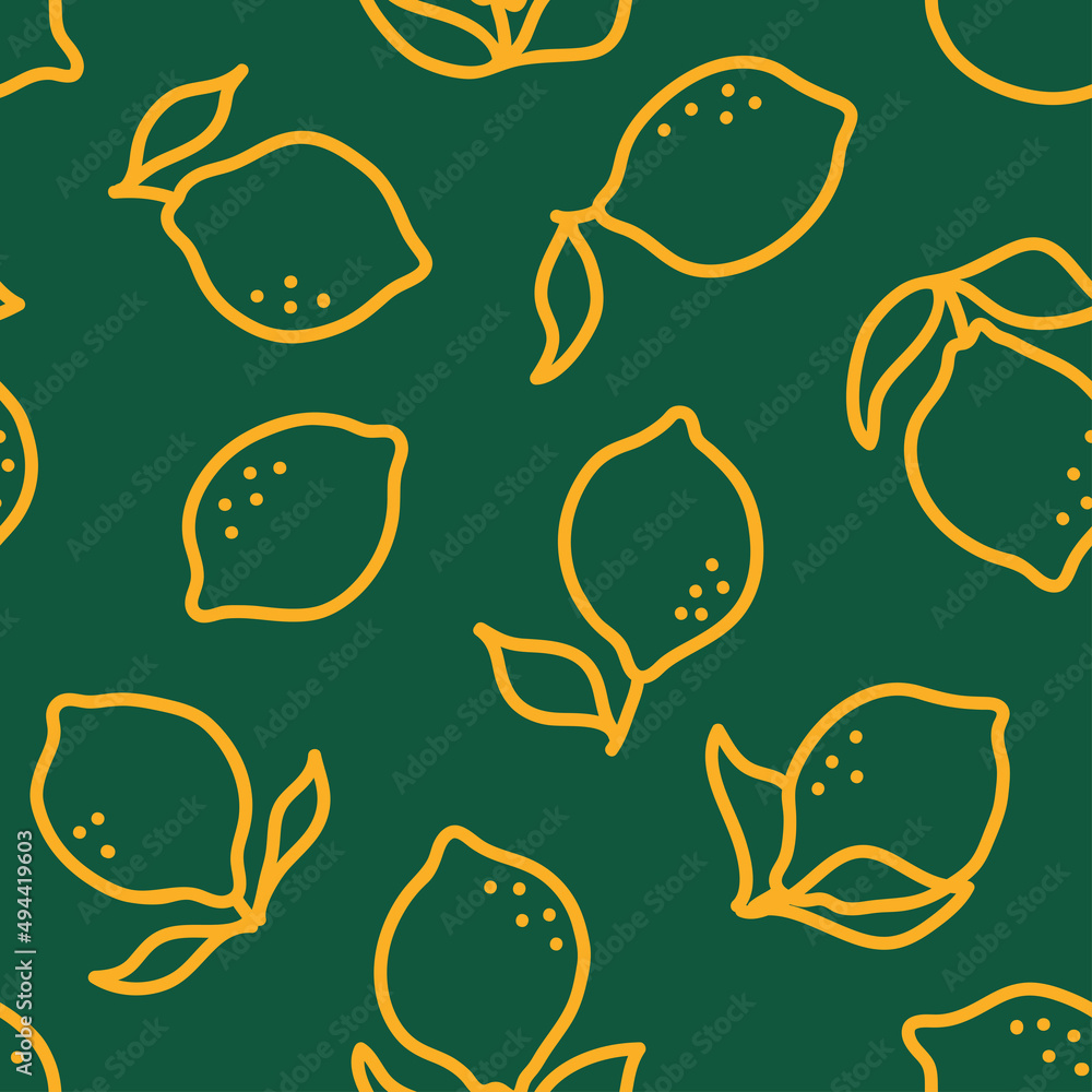 Fototapeta premium Yellow outline lemons seamless pattern with green background.